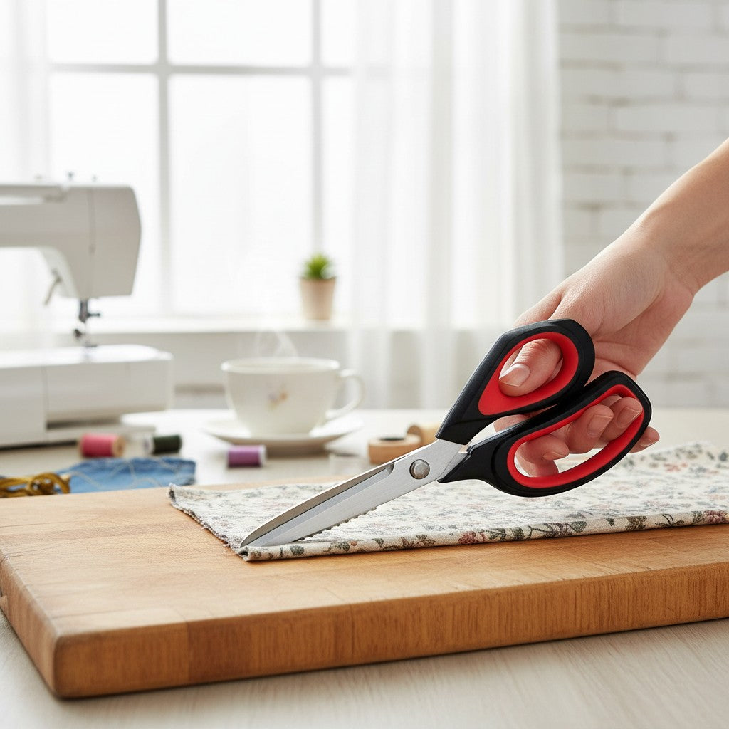Asoula stainless steel kitchen scissors with black and red ergonomic handles and serrated blades for cutting meat, fish, and vegetables.