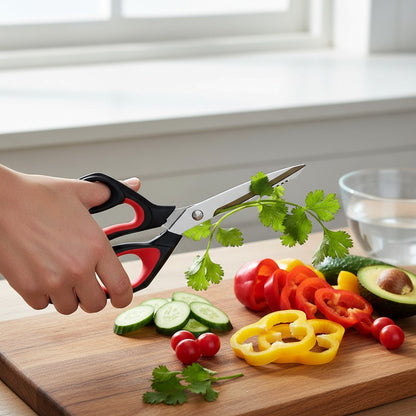 Asoula stainless steel kitchen scissors with black and red ergonomic handles and serrated blades for cutting meat, fish, and vegetables.