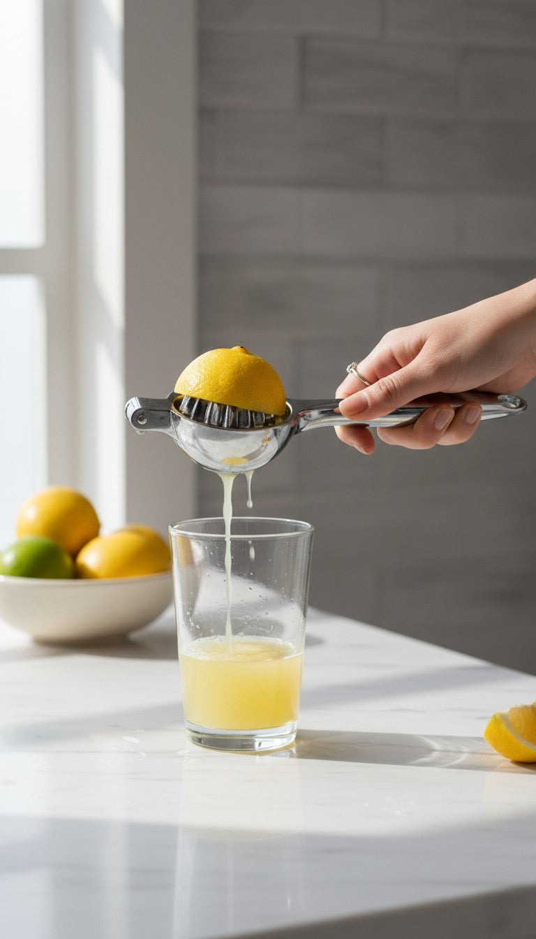 Asoula stainless steel manual lemon squeezer with ergonomic handle for easy citrus juicing.