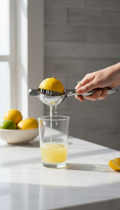Asoula stainless steel manual lemon squeezer with ergonomic handle for easy citrus juicing.