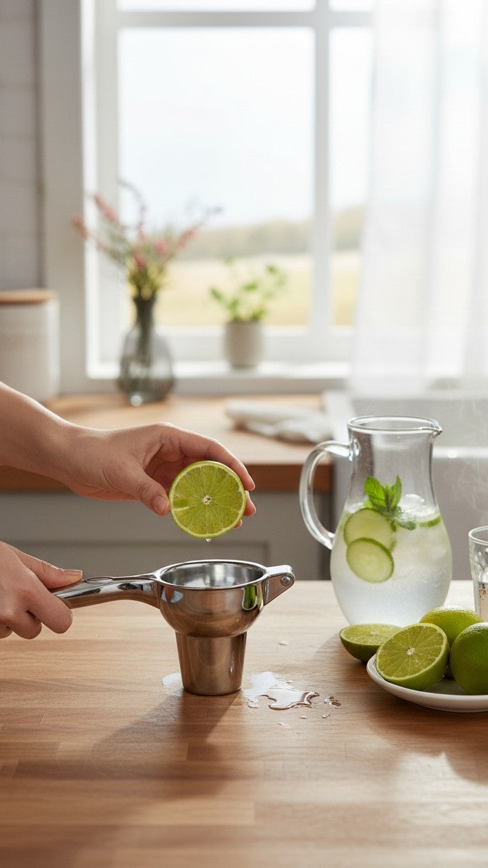 Asoula stainless steel manual lime press with a sturdy handle and a bowl for holding limes.