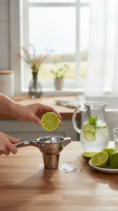 Asoula stainless steel manual lime press with a sturdy handle and a bowl for holding limes.