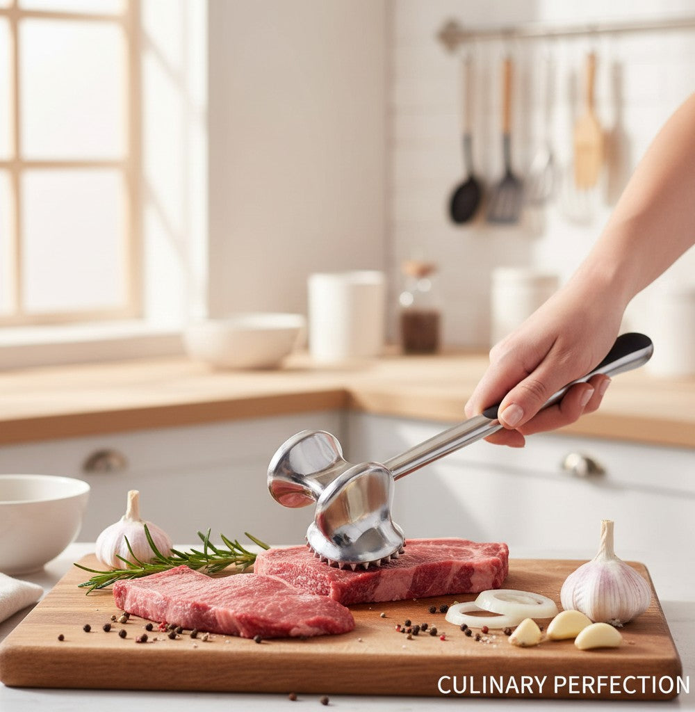 Asoula heavy-duty stainless steel meat tenderizer mallet, double-sided for chicken, beef, and lamb. Kitchen tool.