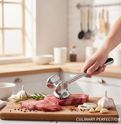 Asoula heavy-duty stainless steel meat tenderizer mallet, double-sided for chicken, beef, and lamb. Kitchen tool.