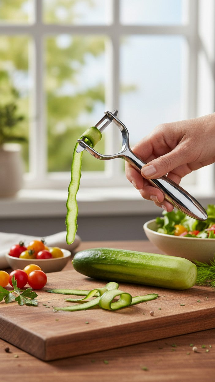 Asoula stainless steel vegetable peeler with sharp blade for fruits and potatoes.