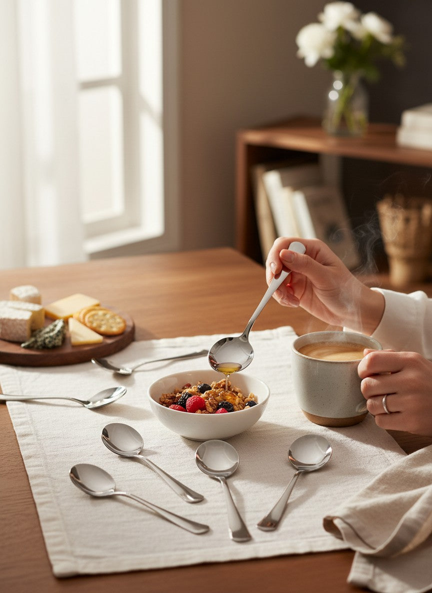 Asoula set of 6 long, round, stainless steel serving spoons, 19cm, with polished finish.