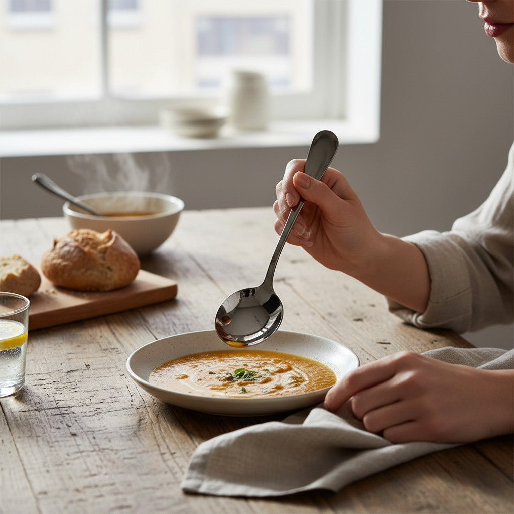 Asoula set of 6 thick, long, round stainless steel serving spoons, 19cm.