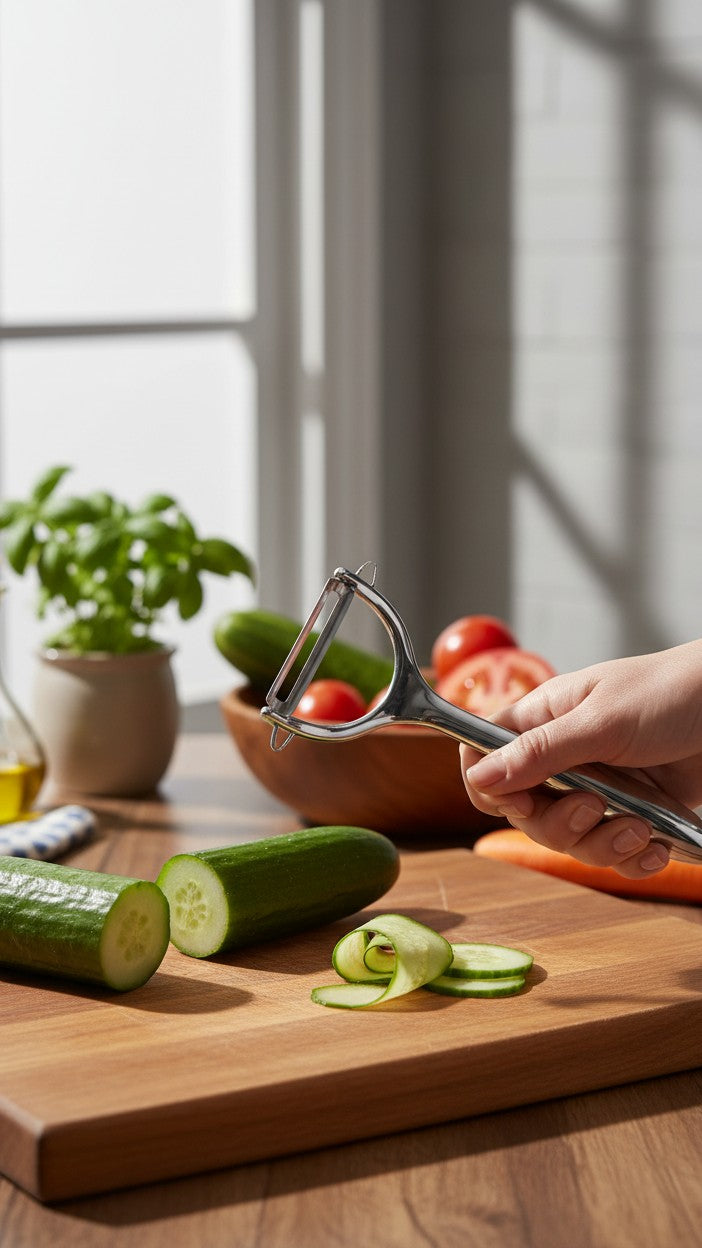 Asoula stainless steel swivel peeler for fruits and vegetables, with a comfortable ergonomic handle.