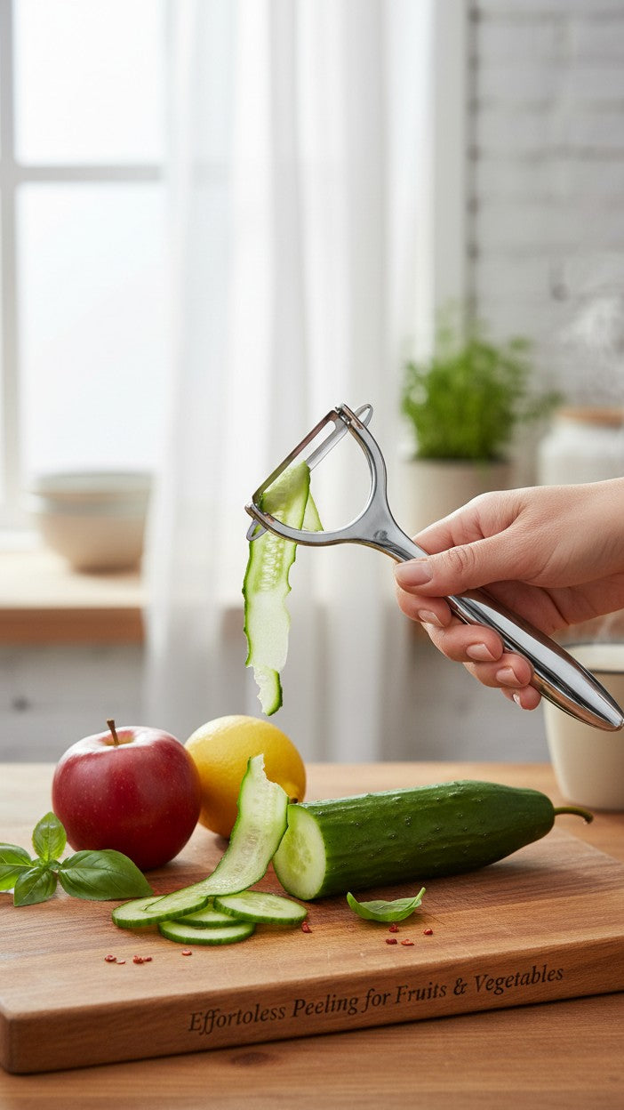Asoula stainless steel swivel peeler for fruits and vegetables, with a sharp blade for easy peeling.