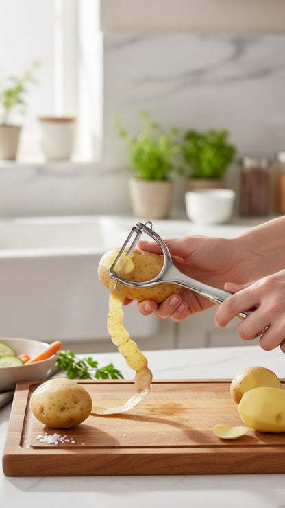 Asoula stainless steel swivel peeler for fruits and vegetables, with a sharp blade for easy peeling of potatoes and carrots.