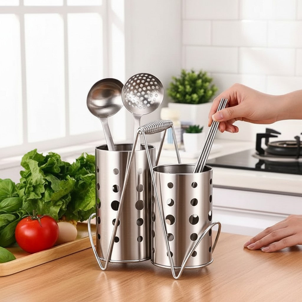 Asoula stainless steel utensil holder set with drainage holes, perfect for kitchen storage of spoons, forks, and chopsticks.