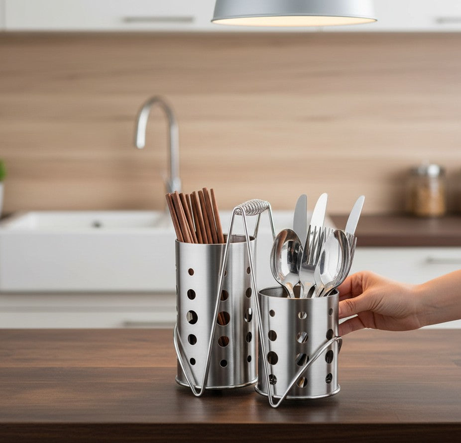 Asoula stainless steel utensil holder set with drainage holes, perfect for kitchen cutlery and chopsticks.