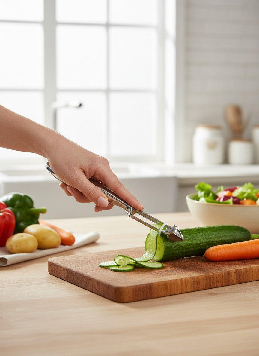 Asoula stainless steel vegetable peeler with a swivel blade and ergonomic handle, ideal for fruits and vegetables.