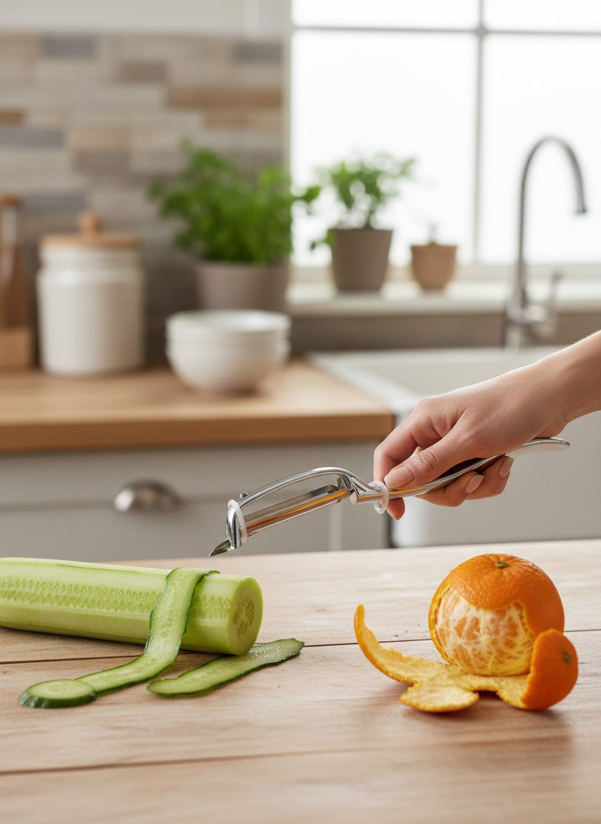 Asoula stainless steel vegetable peeler with ergonomic handle, designed for easy peeling and cleaning.