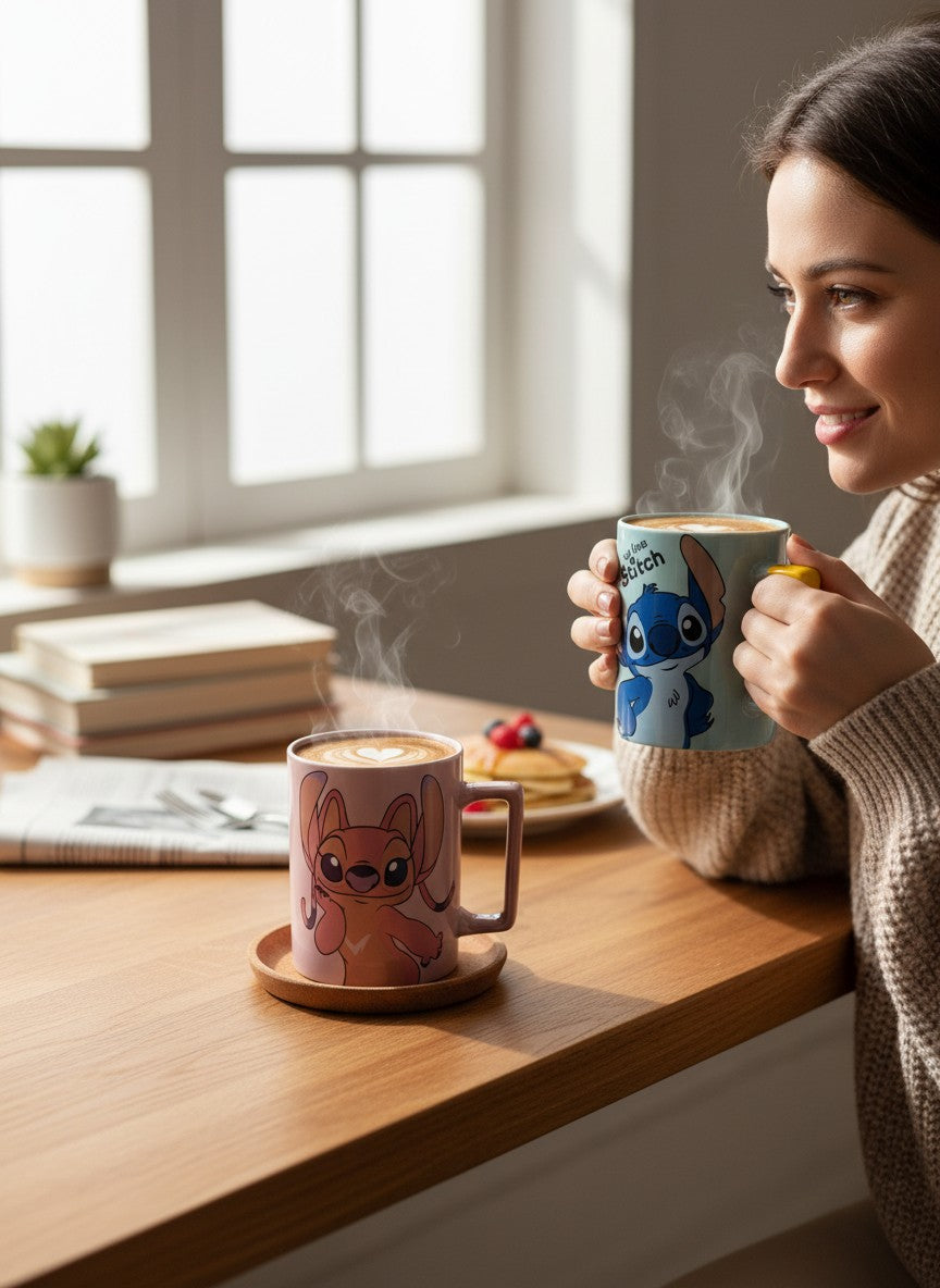 Asoula pair of ceramic mugs featuring Stitch and Angel characters from Lilo & Stitch. One mug is light blue with Stitch, the other is pink with Angel.