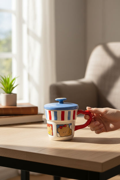 Asoula white porcelain mug with blue lid, featuring red and blue vertical stripes and cute teddy bear illustrations. Red heart-shaped handle.