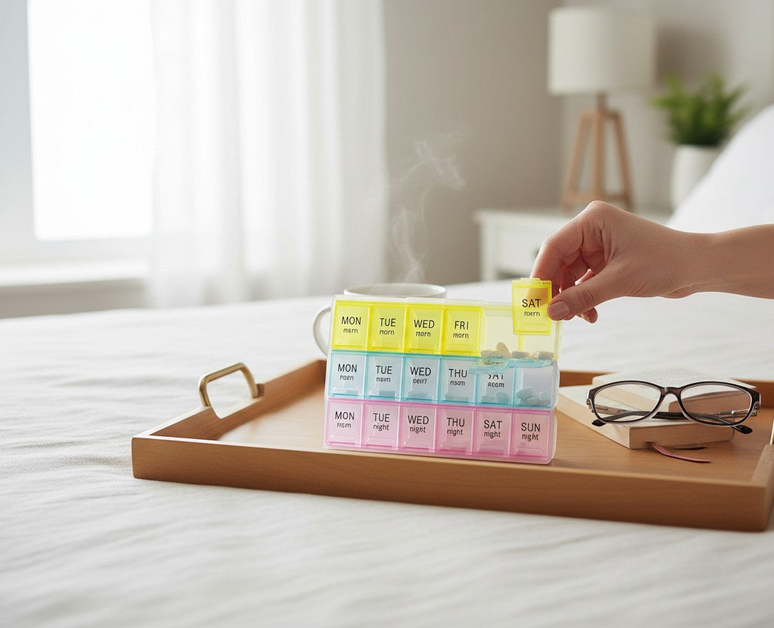 Asoula weekly pill organizer with 28 compartments in yellow, blue, and pink for morning, noon, and night doses.