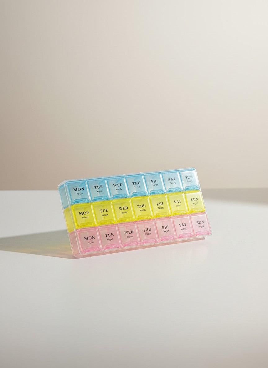 Asoula 7-day weekly pill organizer with 28 compartments in blue, yellow, and pink. Each day has 4 sections: morning, noon, night, and backup.