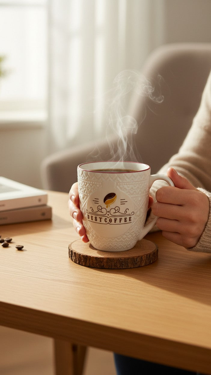 Asoula white ceramic coffee mug with embossed pattern and red rim. Features a coffee bean graphic and "BEST COFFEE" text.