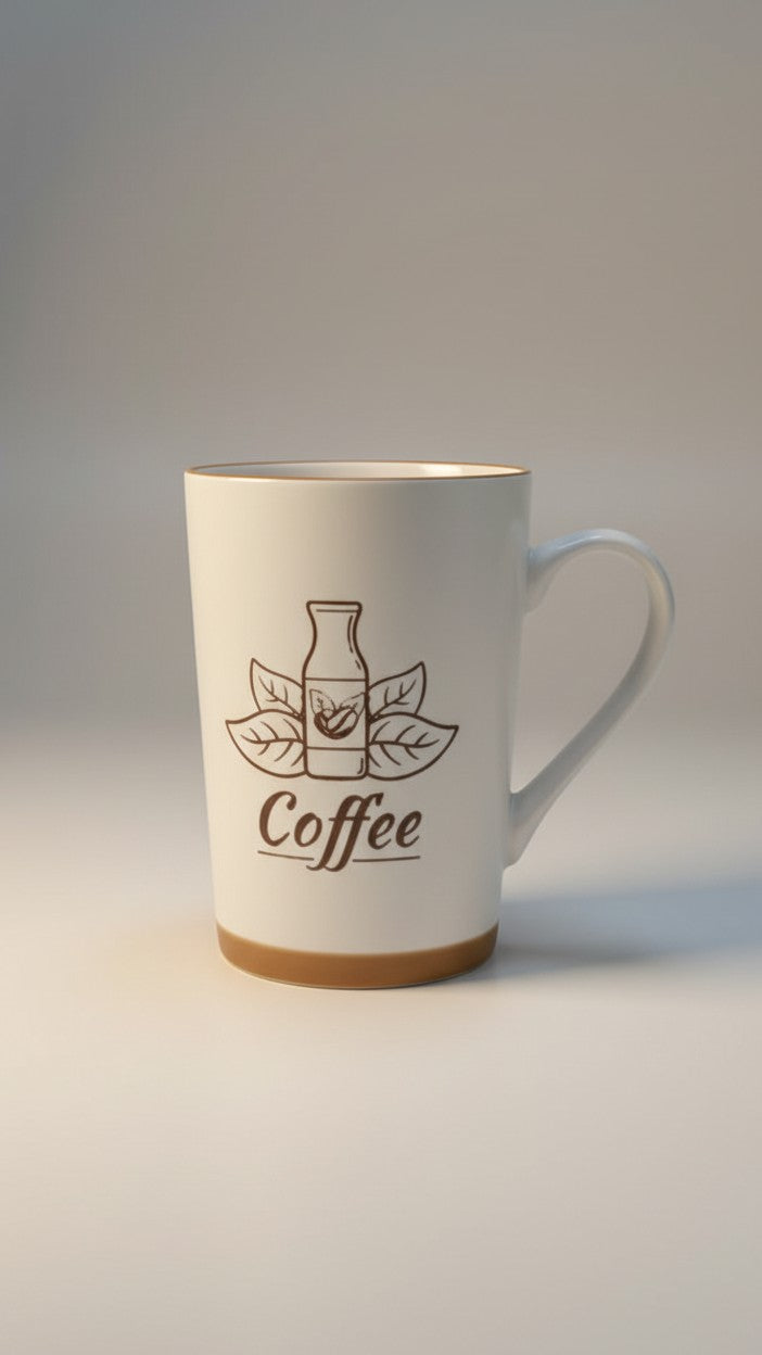 Asoula white ceramic coffee mug with a simple coffee bean and leaf design and the word "Coffee" printed on it.