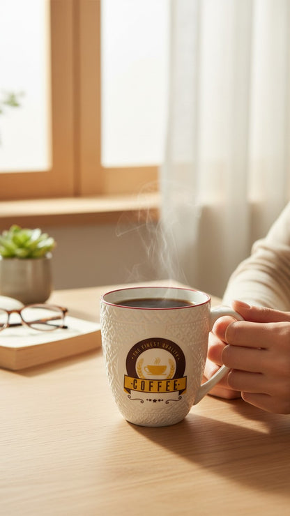 Asoula white ceramic coffee mug with embossed pattern and red rim. Features a circular graphic with "Coffee" and a steaming cup.