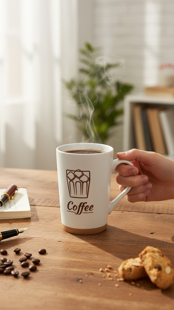 Asoula white ceramic mug with a simple coffee cup graphic and the word "Coffee" printed on it.
