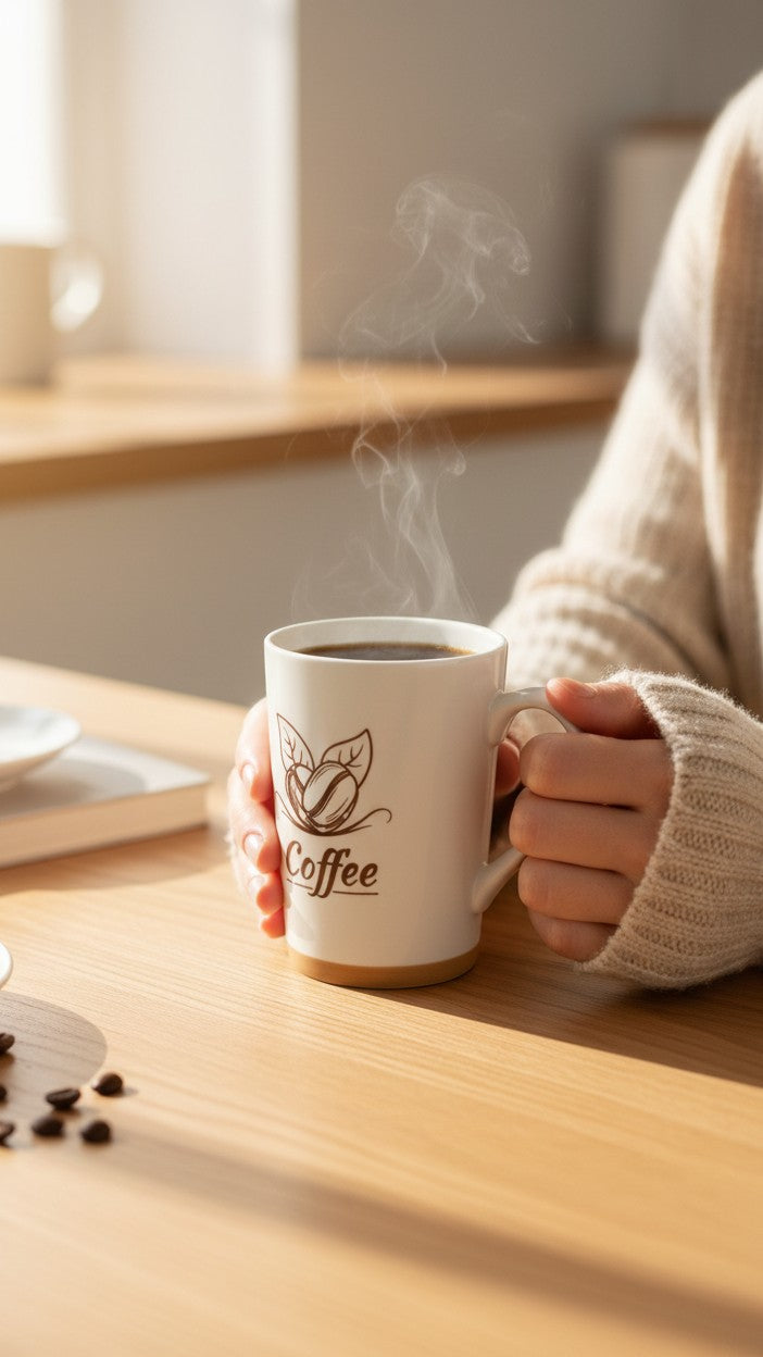 Asoula white ceramic coffee mug with coffee bean design and gold base