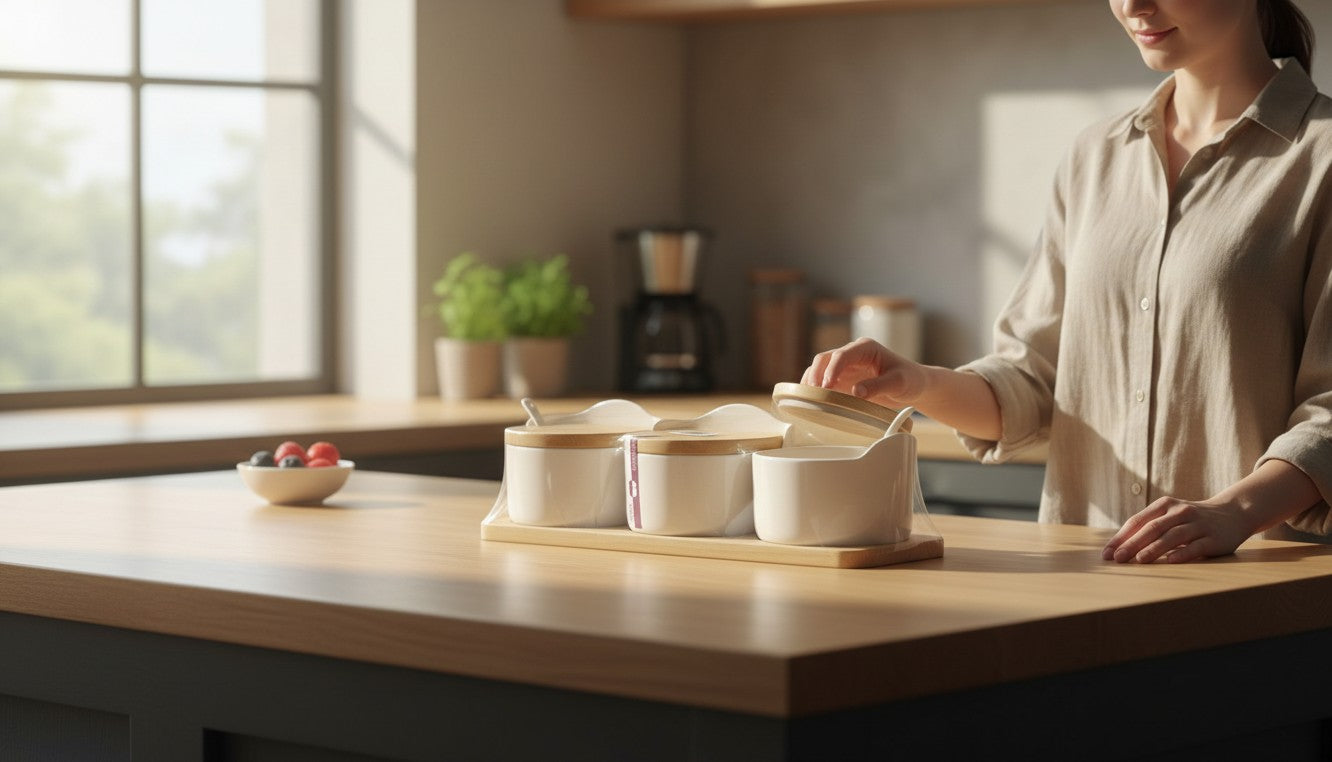 Asoula modern white ceramic spice jars with light wood lids and a wooden tray. Set of 3.