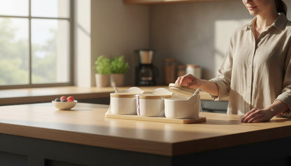 Asoula modern white ceramic spice jars with light wood lids and a wooden tray. Set of 3.