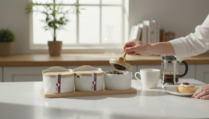 Asoula modern white ceramic spice jars with wooden lids and a wooden tray. Set of 3.