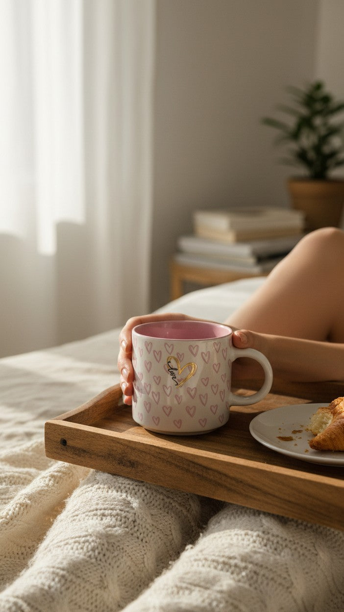 Asoula white ceramic mug with pink hearts pattern and a gold heart with the word "love".