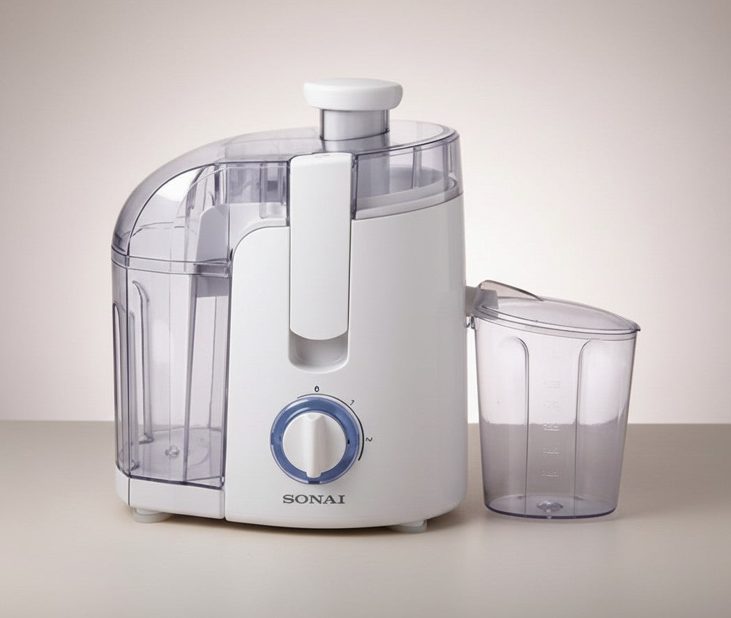 Asoula white 350W 1L juice extractor with stainless steel filter and 2 speed settings.