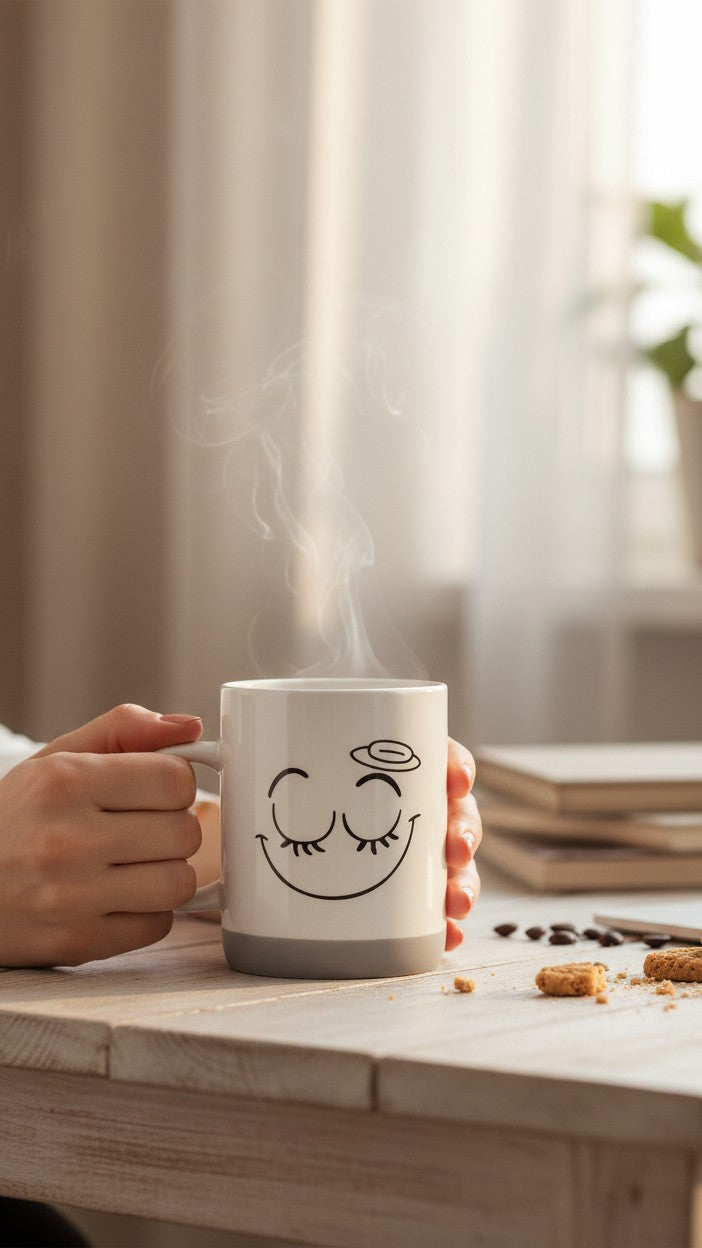 Asoula white ceramic mug with a grey base and a black cartoon smiley face design.