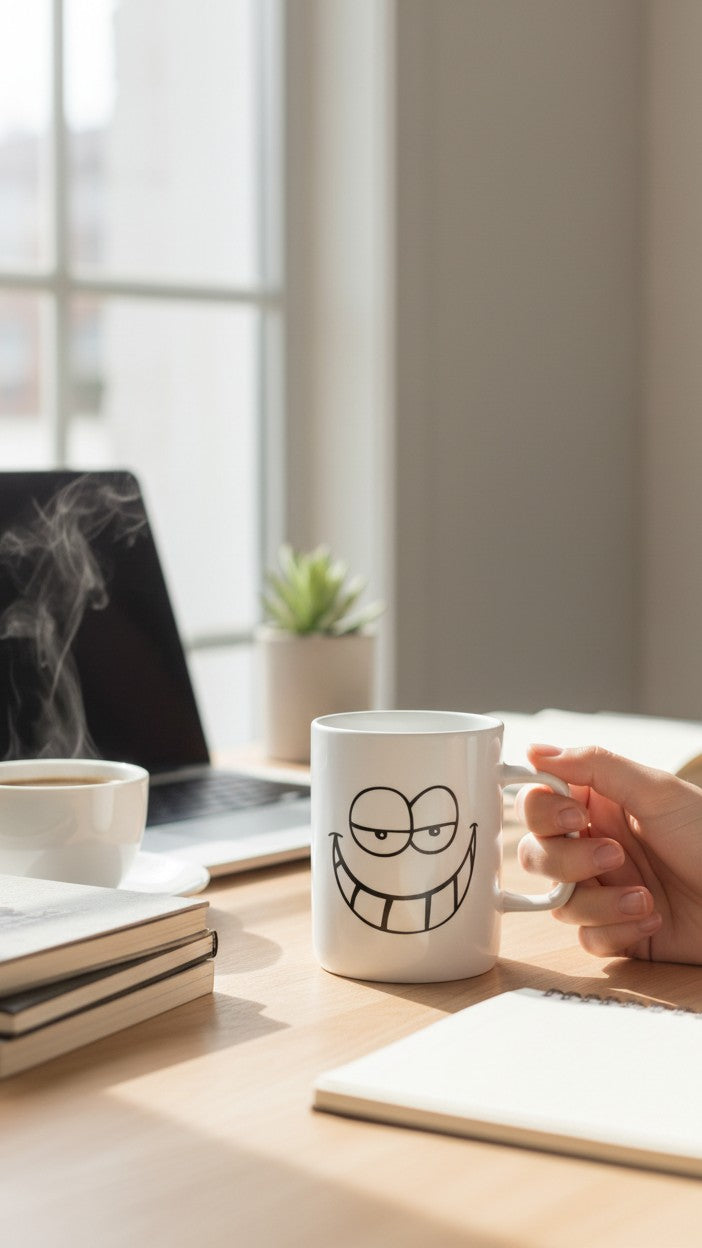 Asoula white ceramic mug with a black cartoon smiley face design, perfect for coffee or tea.