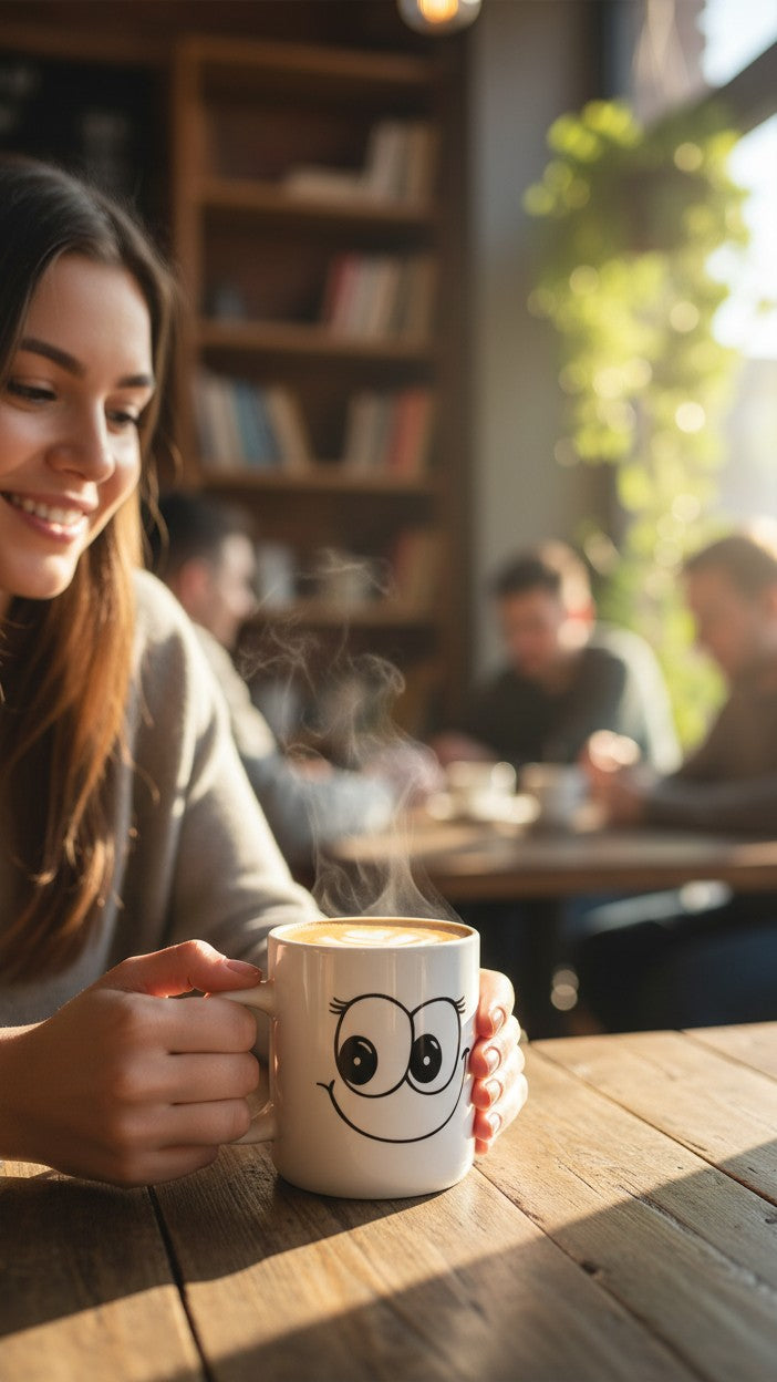 Asoula white ceramic mug with a black cartoon smiley face and large eyes design.