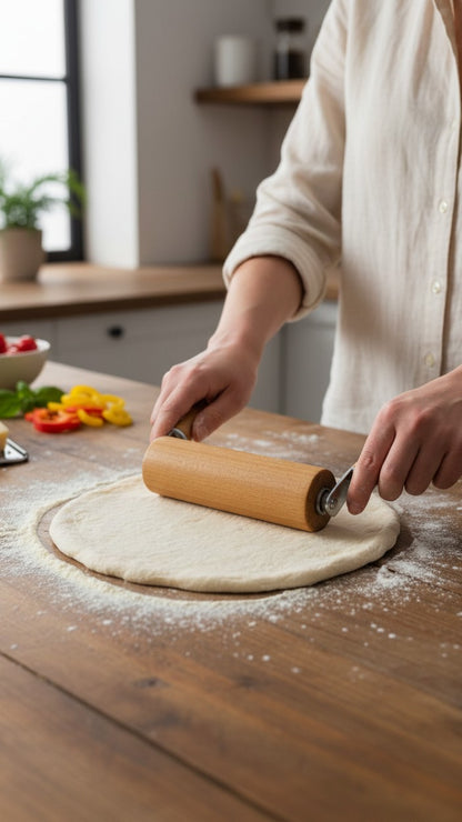 Asoula wooden pizza roller with a metal frame and comfortable handle for dough preparation.