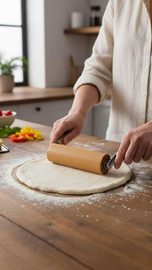 Asoula wooden pizza roller with a metal frame and comfortable handle for dough preparation.