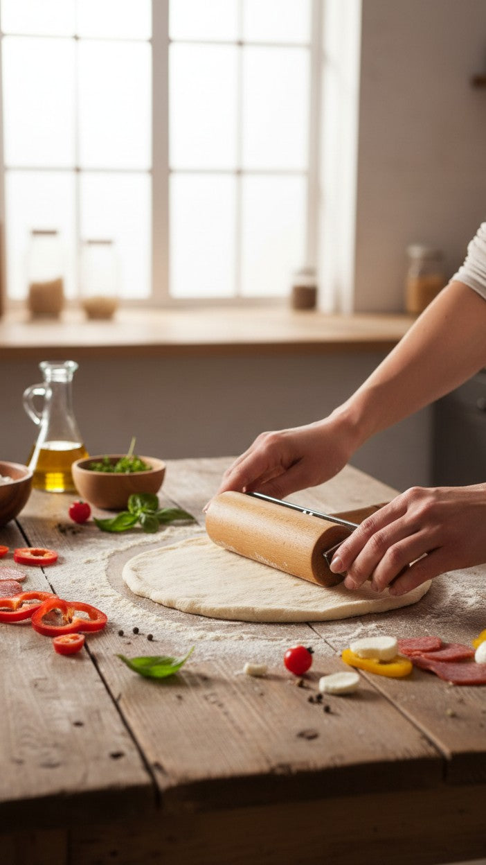 Asoula wooden pizza roller with a comfortable handle, perfect for dough preparation.