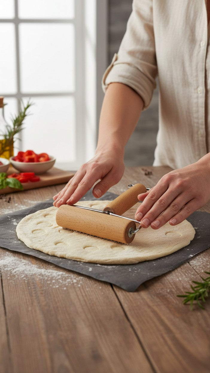 Asoula small wooden rolling pin with metal handles for dough and pizza.