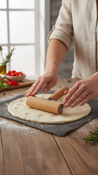Asoula small wooden rolling pin with metal handles for dough and pizza.