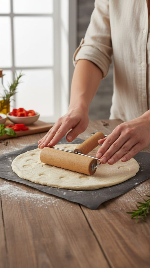Asoula small wooden rolling pin with metal handles for dough and pizza.